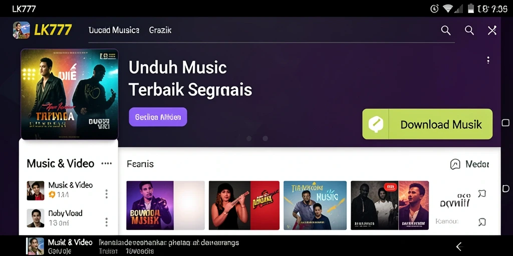 Screenshot antarmuka pengguna LK777 menampilkan fitur Download Musik dengan jelas.
